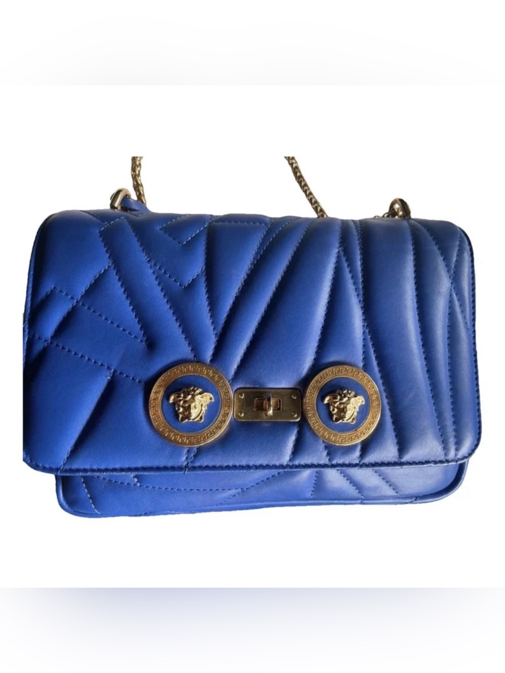 Versace Royal Blue Quilted Leather Shoulder Bag with Gold Medusa Head